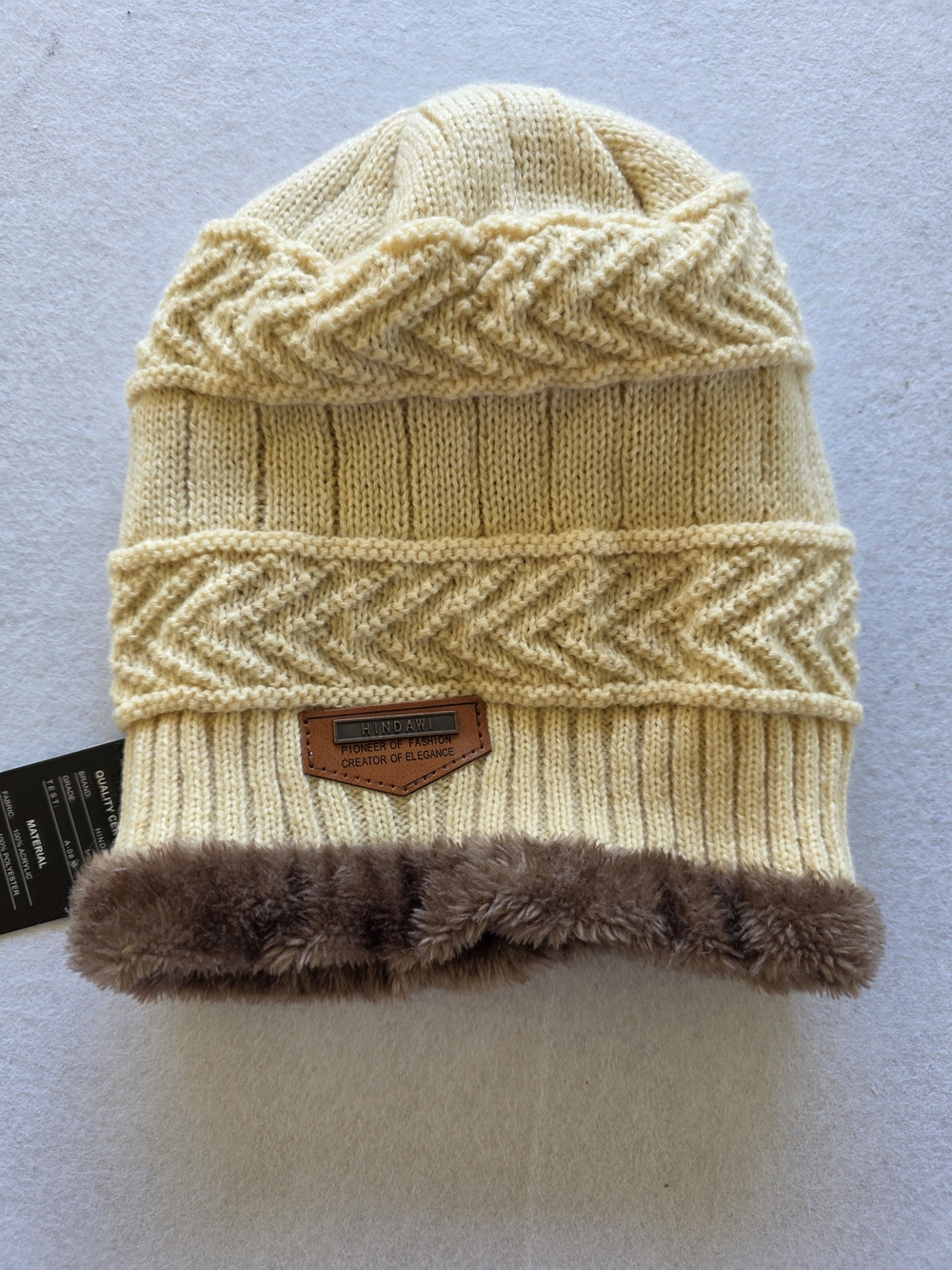 Cozy Cream Knit Beanie with Brown Faux Fur Trim